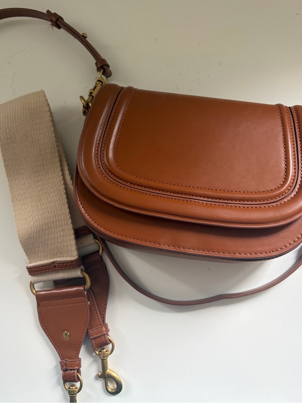 Zara Tan Leather Saddle Crossbody with Wide Canvas Strap